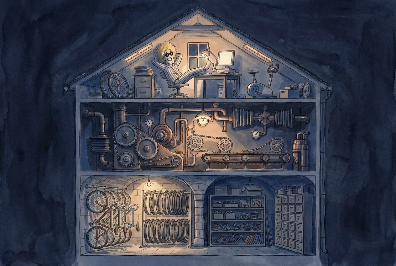 The same cutaway house at night: the windows glow, the hev mascot has his feet up at the attic desk in pyjamas under a lamp, the machine floor runs on by work-light below him, and a single bulb lights the basement archive.