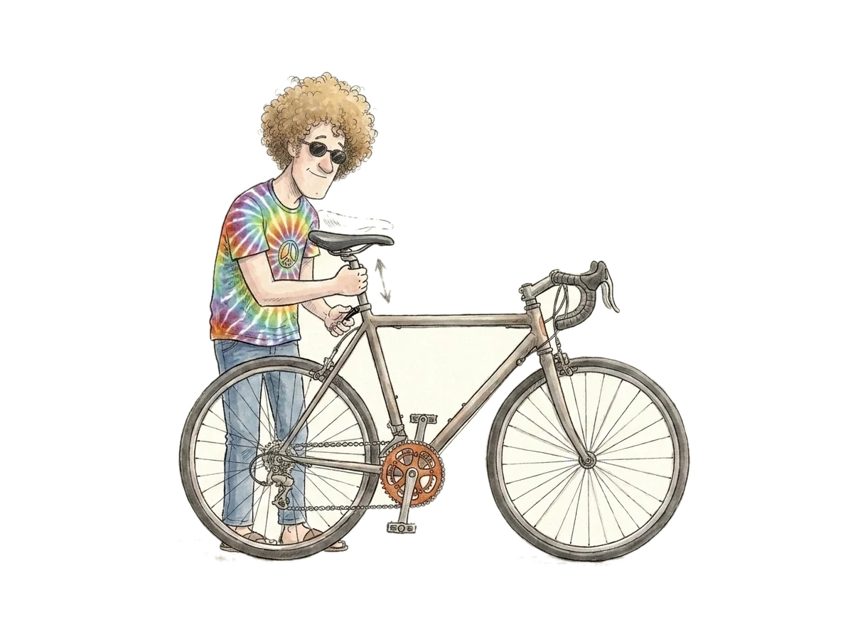 Ink-and-watercolour drawing of the hev mascot gripping a bicycle seatpost and sliding the saddle up out of the seat tube, the quick-release lever open and arrows showing it moving up and down.