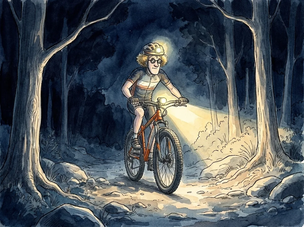 Night version of the same drawing: the hev mascot out on a night mountain-bike ride, a helmet lamp and handlebar light throwing beams down the trail while he glances at the gauge in his hand.