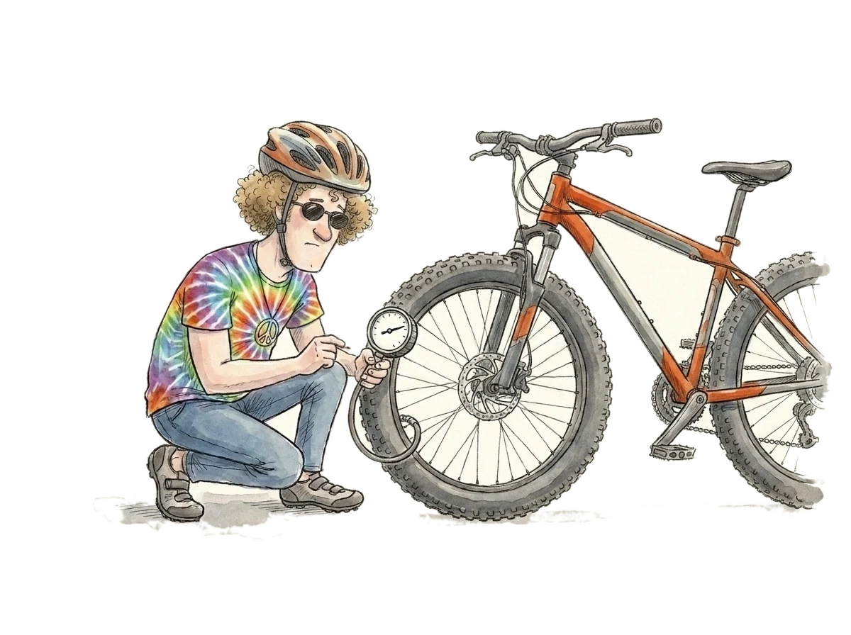 Ink-and-watercolour drawing of the hev mascot in a cycling helmet and shoes, kneeling beside a mountain bike and holding a round tyre-pressure gauge to the front valve, watching the needle.