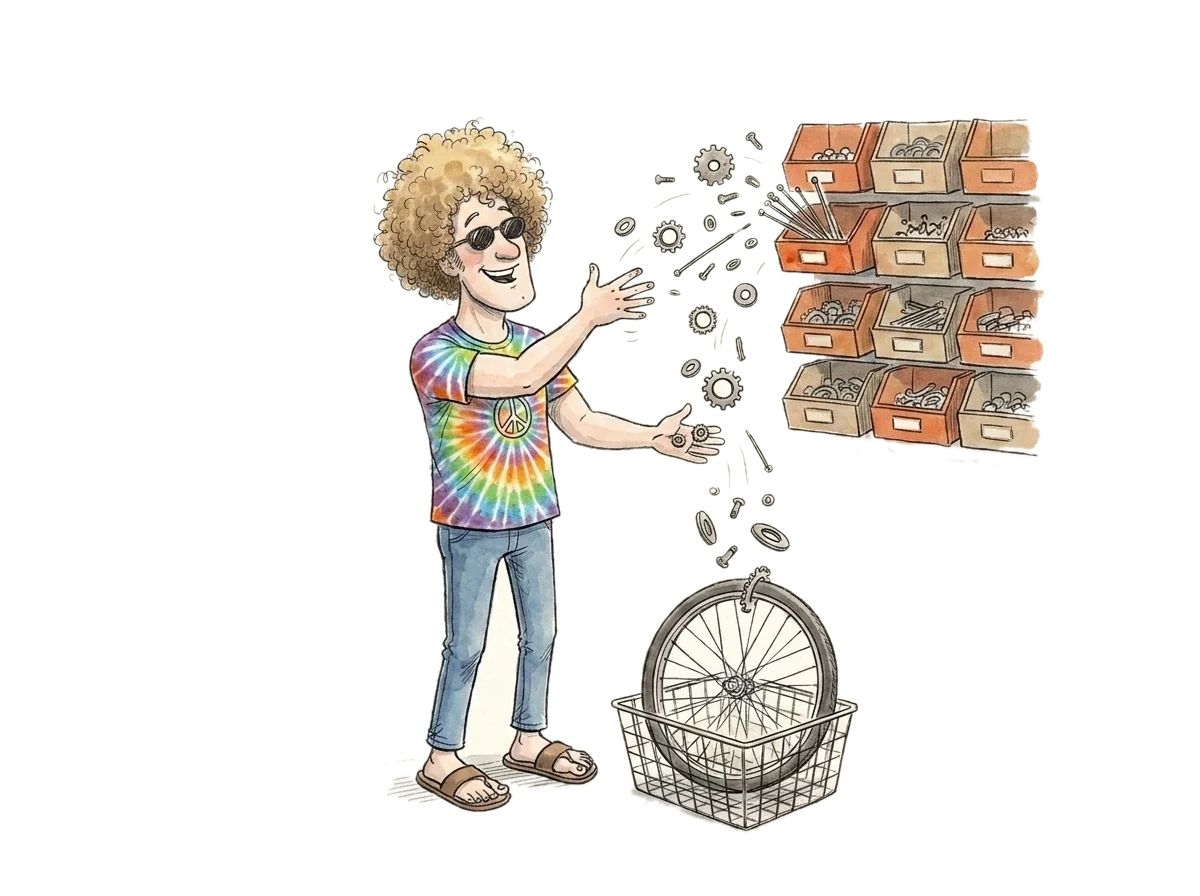 Ink-and-watercolour drawing of the hev mascot flinging small bicycle parts up toward a wall of open parts bins while catching them coming back down as one assembled wheel in a wire basket.