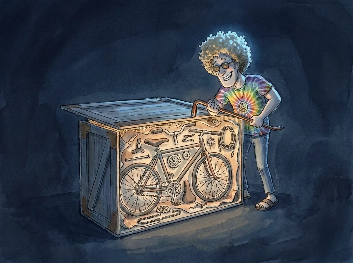 The same crate at night, the lid coming off under moonlight with the packed bicycle parts lit by the glow spilling out of the crate.