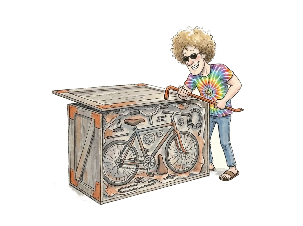 Ink-and-watercolour drawing of the hev mascot levering the lid off a wooden shipping crate with a crowbar, the crate packed with bicycle parts — a frame, wheels, handlebars, a chain, chainrings and cogs, a saddle and a coil of cable.