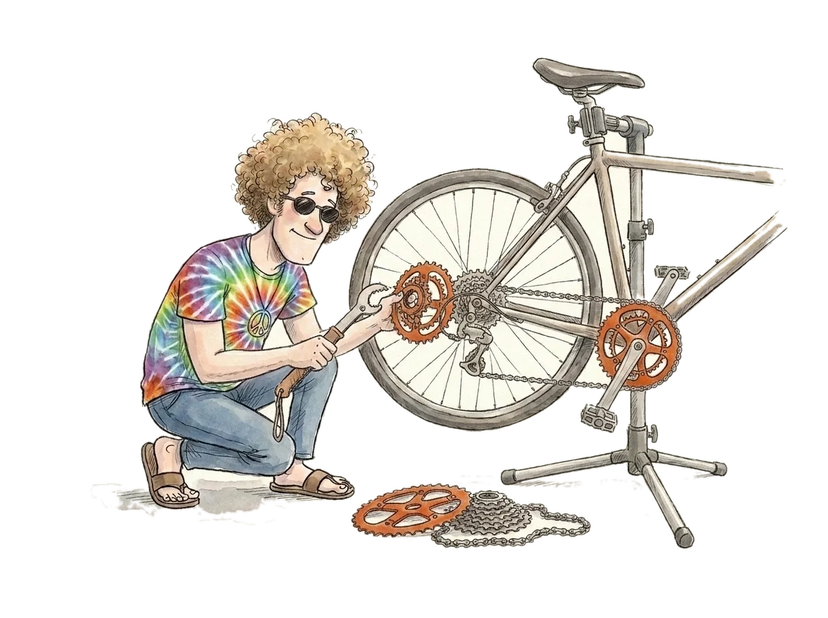 Ink-and-watercolour drawing of the hev mascot crouching at a bicycle in a repair stand, fitting a new orange chainring and cassette with a chain whip while the old drivetrain parts lie on the ground beside him.
