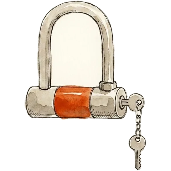 Ink sketch: a d-shaped bicycle lock with a key