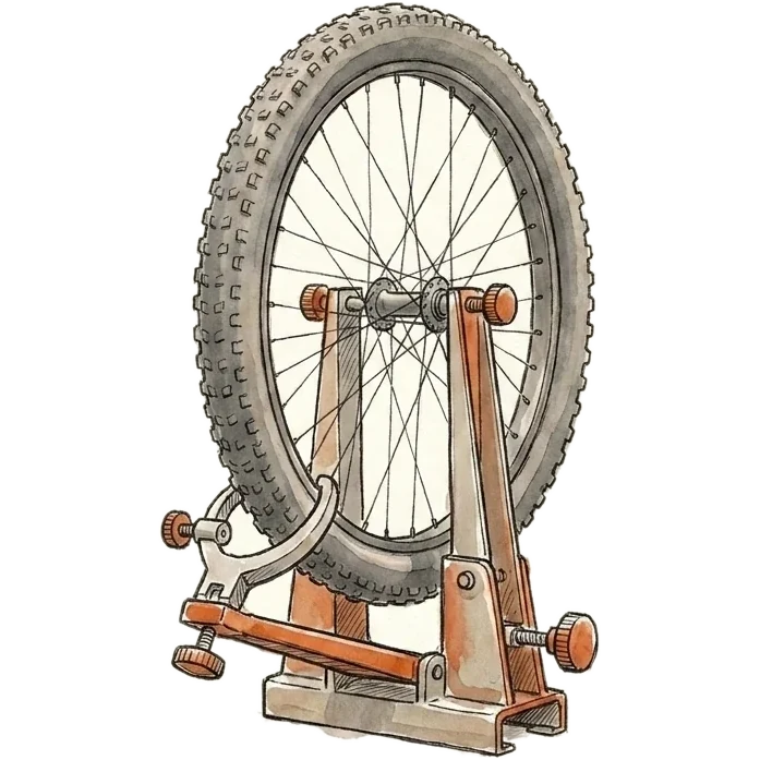 Ink sketch: a bicycle wheel held in a workshop truing stand