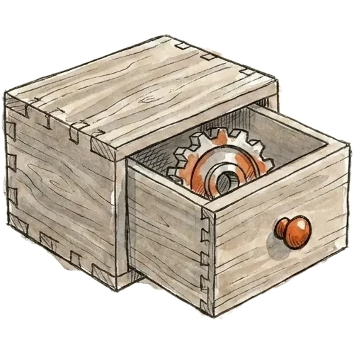 Ink sketch: a small parts drawer pulled open with a cog inside